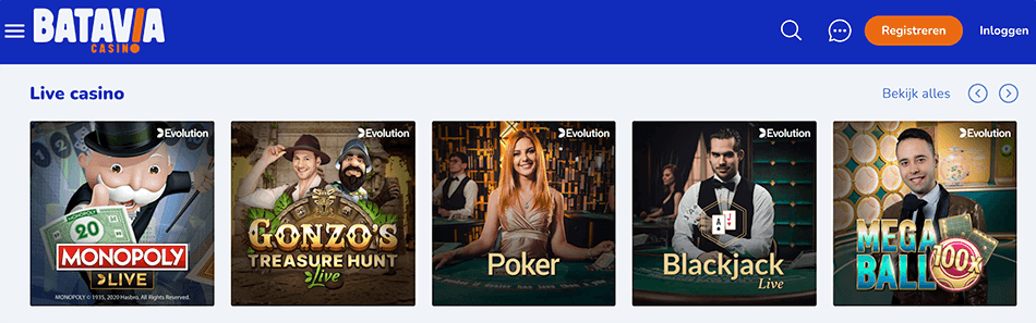 Meeste tafelspellen vind je in het live casino van batavia